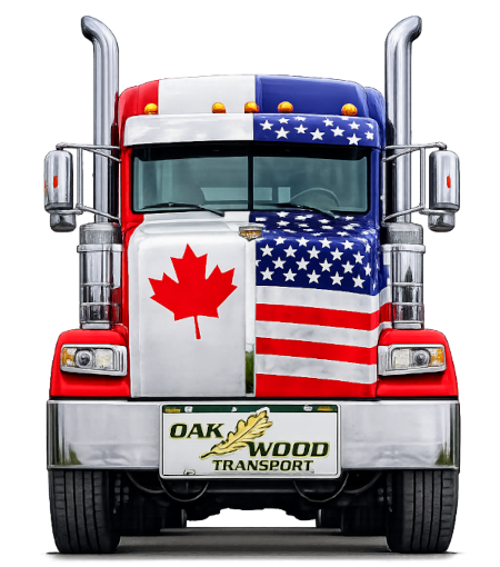 Transport truck with Canadian and American flags